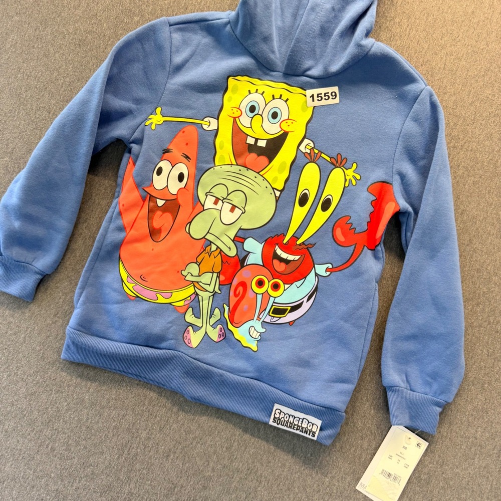 SpongeBob SquarePants Kids Blue Graphic Pullover Hoodie XS New